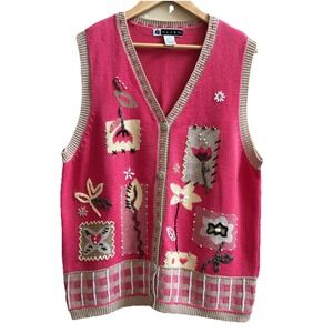 BLAST VTG Womens knit sweater vest 55% Ramie 45% V-neck, button-front SZ XL PINK